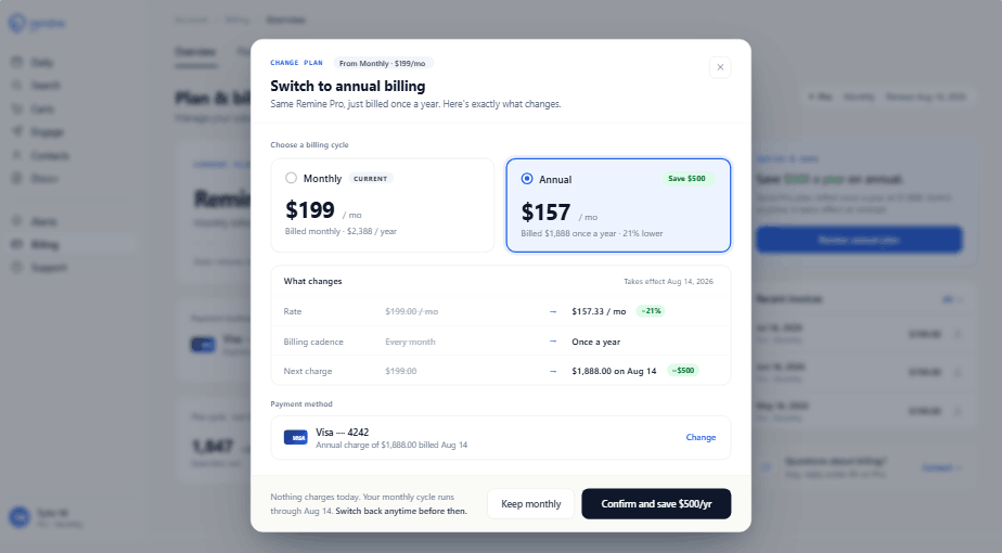 Remine plan & billing — the Change Plan screen