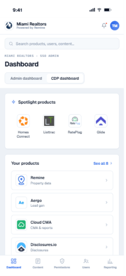 Remine SSO — the admin dashboard on mobile