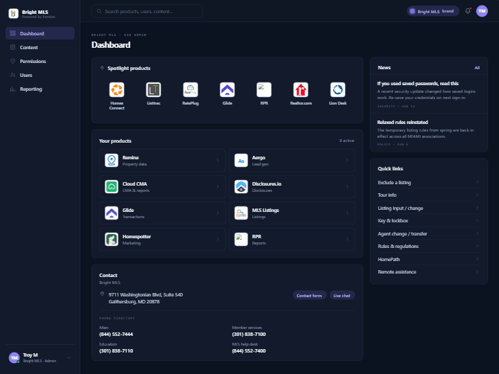 Remine SSO — the white-label admin dashboard (Bright MLS)